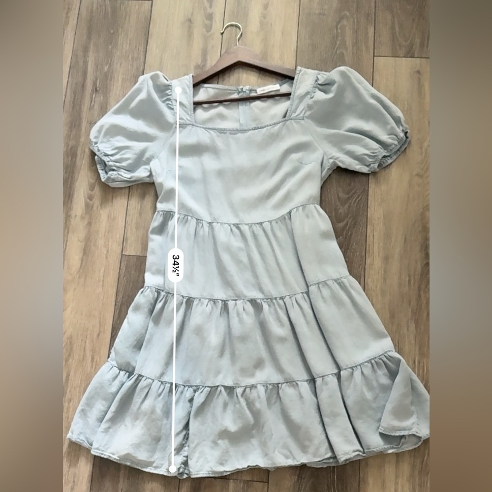 Makk Light Blue Denim Square-Neck Tiered Summer Dress L - Picture 5 of 5
